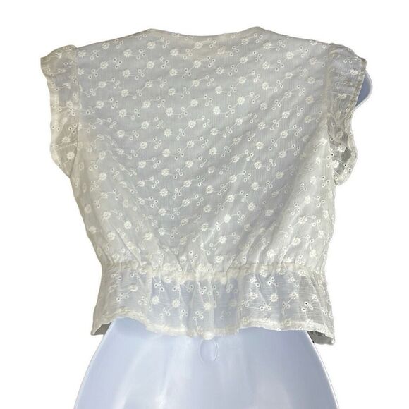 Idem Ditto White Eyelet Floral Crop Top Small Peplum Ruffle Sleeve Plunge Neck - Picture 2 of 11
